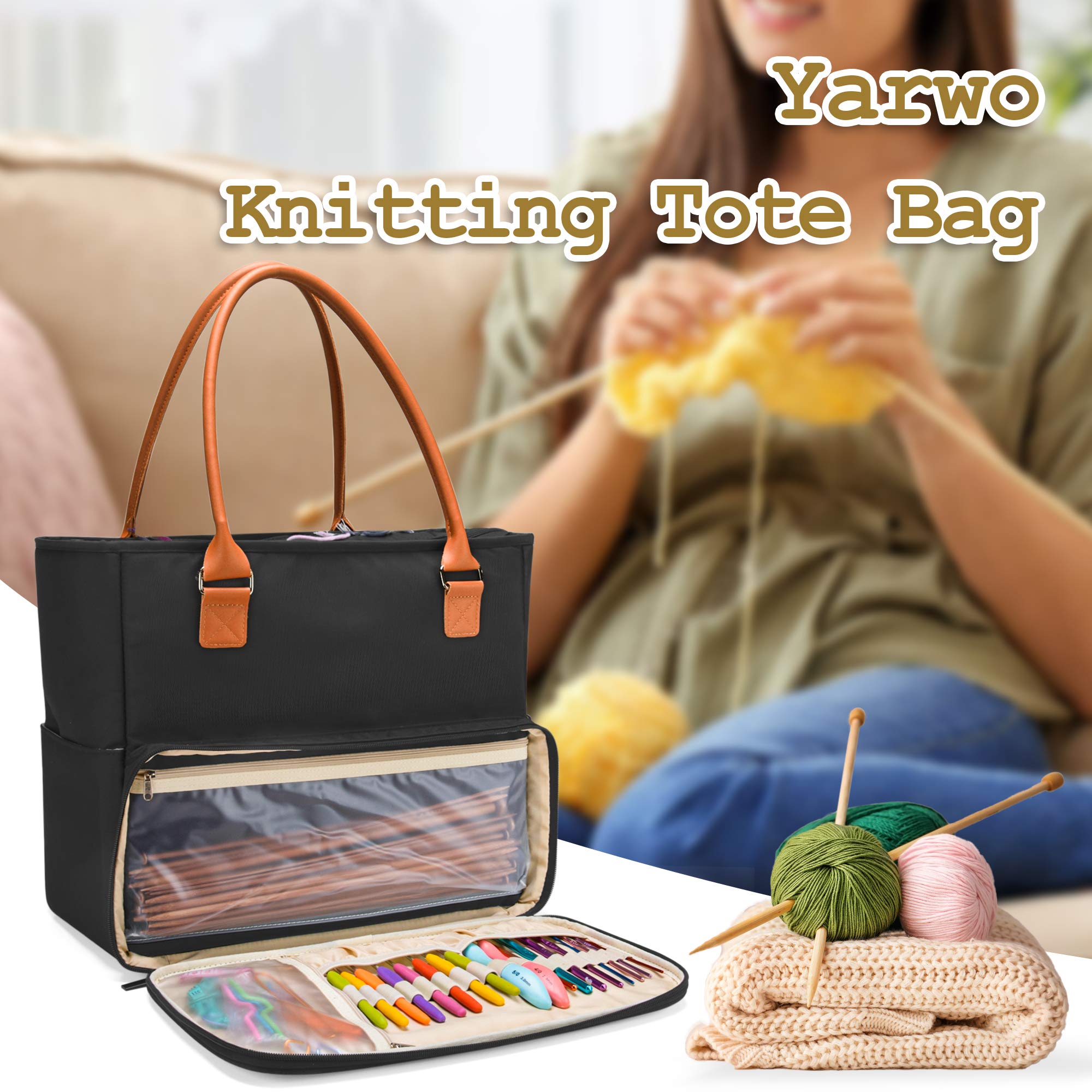 YARWO Knitting Tote Bag with Pockets for WIP Projects, Yarn Storage Organizer Bag for 14” Knitting Needles, Skeins of Yarn and Crochet Hooks, Black