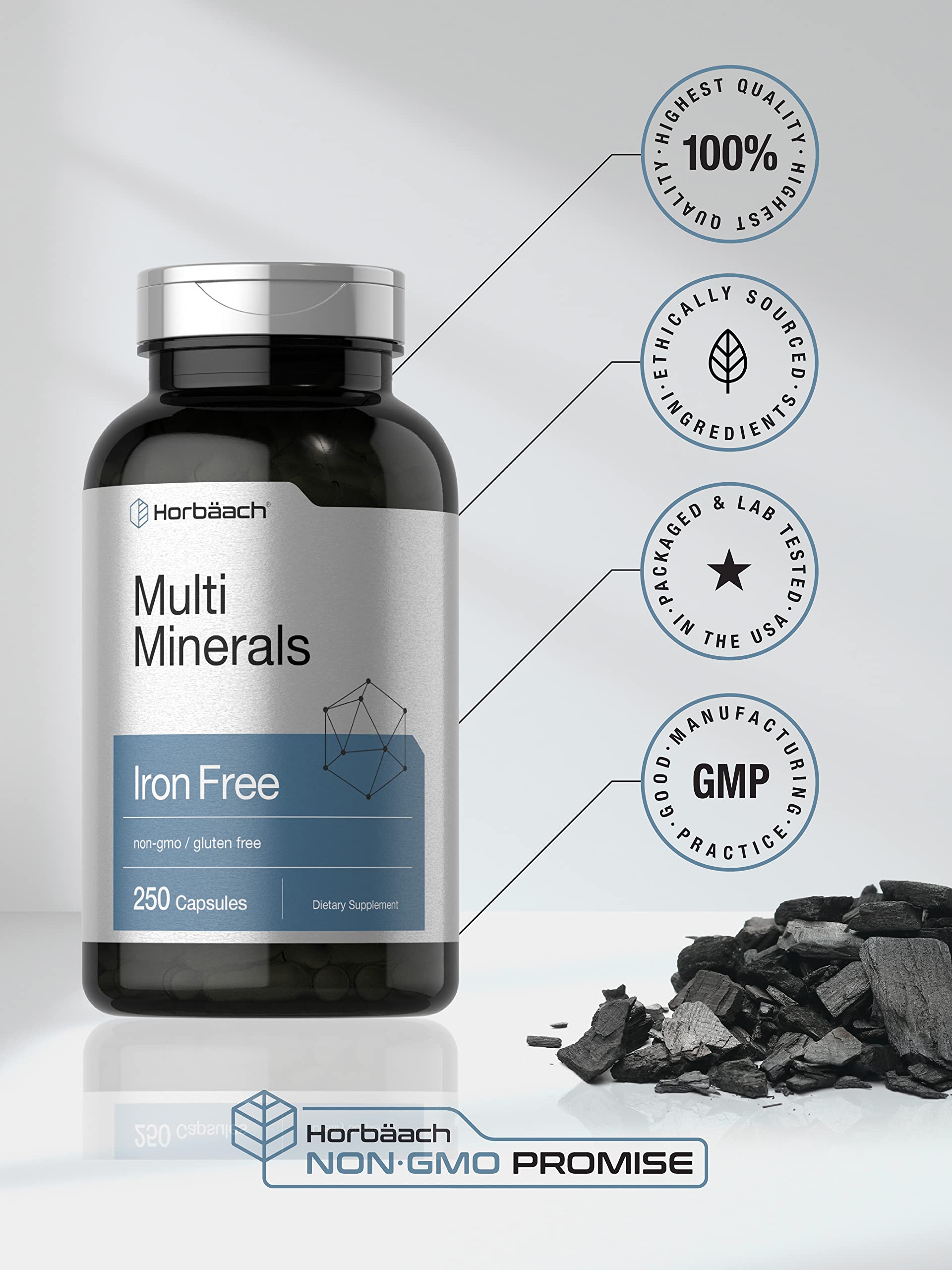 Multi Minerals Supplement | 250 Capsules | Iron Free | Daily Mineral Complex for Men and Women | Non-GMO & Gluten Free | by Horbaach