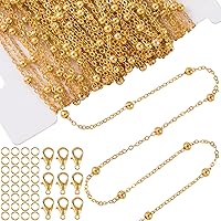 49 Feet 15m Gold Cable Beads Chains, PAGOW Stainless Steel Chain for Jewelry Making, Gold Chain for Pendant Necklace Jewelry DIY Making (40PCS Lobster Clasps, 80PCS Jump Rings)
