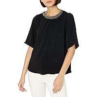 HALSTON Women's Flowy Short Sleeve Embellished Neck Silk Top, Black, Medium