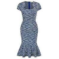 Womens Elegant Cap Sleeve Fishtail Midi Tweed Bodycon Dress for Party Blue