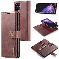 Luxury 2-in-1 Split Leather Detachable Wallet Magnetic Phone Case for Samsung Galaxy S22 S21 S20 Ultra Plus FE Note 20, Card Holder Stand Cover(Red,Note 20)