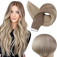 Full Shine Tape in Hair Extensions Human Hair 12 Inch Double Sided Tape Hair Balayage 8 Ash Brown to 18 Ash Blonde And 60 Platinum Blonde Tape in Real Hair Extensions Straight Hair 30 Gram 20pcs