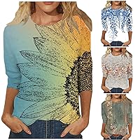 3/4 Length Sleeve Womens Tops 2024 Floral Print Vintage Fashion Casual Loose with Round Neck Plus Size Shirts