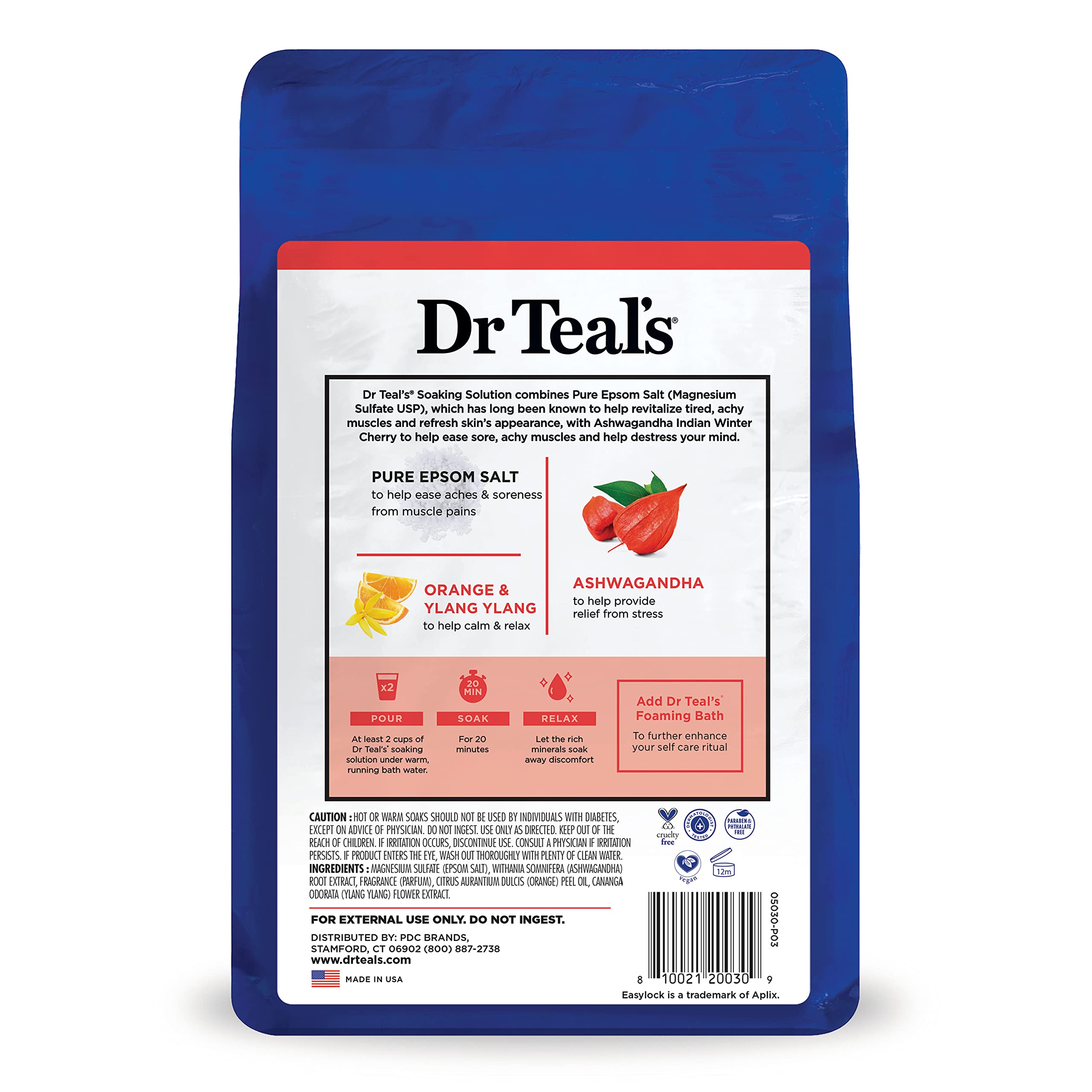 Dr Teal's Pure Epsom Salt, Ashwagandha & Essential Oils, 3 lbs (Pack of 4) (Packaging May Vary)