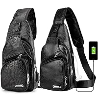 Peicees Pack of 2 Leather Sling Bag Mens Crossbody Bag Chest Bag Sling Backpack for Men with USB Charge Port, Crocodile Grained Black & Classic Black