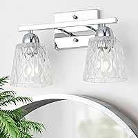 Stainless Steel 2 Light Bathroom Vanity Light, Silver Chrome Bathroom Light Fixtures with Textured Glass Shades, Modern Vanity Lighting Wall Mount Over Mirror