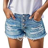 Womens Denim Shorts High Waisted Comfy Summer Shorts with Pockets Ripped Jean Shorts Raw Hem Short Jeans
