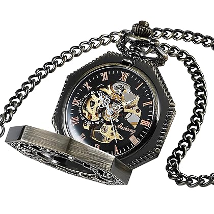 Carrie Hughes Mens Steampunk Railroad Octagon Skeleton Mechanical Pocket Watch with Chain in Box CHPW02