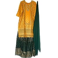 Yellow & Green Block print Cotton suit with skirt- size XL