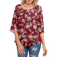 Womens Casual Scoop Neck Loose T-Shirt 3/4 Sleeve Chiffon Blouse Tees Top Floral Solid Office Shirts Tunic Summer Tops