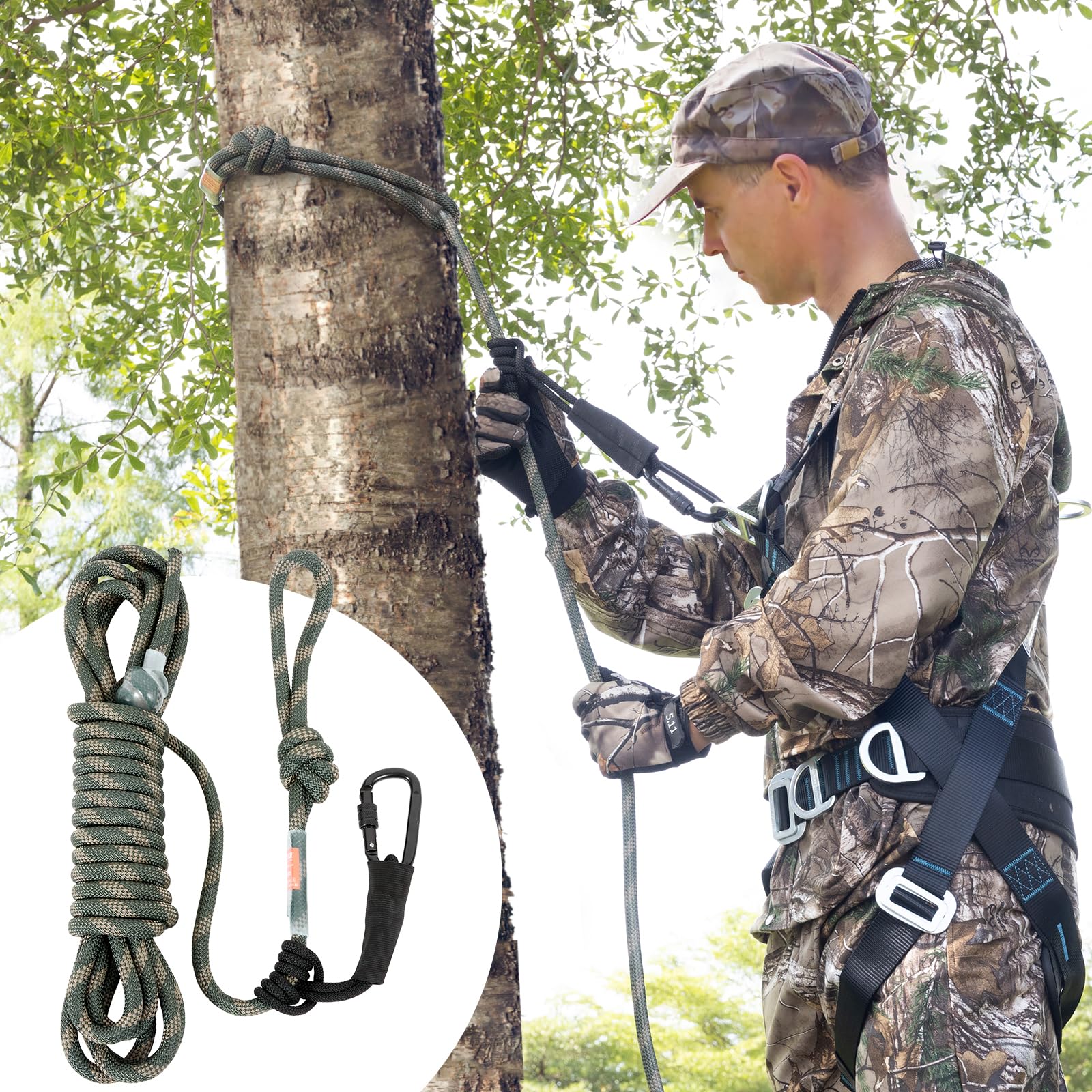 VEVOR Tree Stand Safety Rope, 30 ft/91.44 m Treestand Lifeline Rope 30KN Breaking Tension, 0.6'' Hunting Safety Line with Prusik Knot, 2pcs Carabiner and Silencer, for Treestrap and Climbing