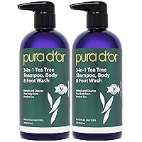 PURA D'OR 3-in-1 Tea Tree Shampoo, Body & Foot Wash & Shampoo (16 Oz x2 = 32 Oz) Total Body Care Soothes, Refreshes, Invigorates, Cleanses, Refreshes & Nourishes - Ideal for Foot Odor & Daily Hygiene