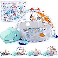 PLAY 4-in-1 Baby Play Mat - Dinosaur Baby Gyms & Playmats Tummy Time Mat Washable, Baby Activity Center with 4 Sensory Toys & 1 Soft Pillow, Develop Motor Skills Gift for Newborn Toddler - Multi