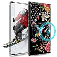Magnetic Clear for Samsung Galaxy S23 Ultra Case with Screen Protector, [Designed for Magsafe] Hummingbird Flowers Magnetic Wireless Charging Full Covered Slim Phone Case for Galaxy S23 Ultra