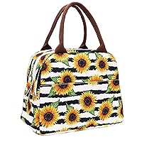 Insulated Lunch Bag Reusable Lunch Box Lunch Cooler Tote Bag for Women Men Adults Work Picnic (Stripe Sunflower)