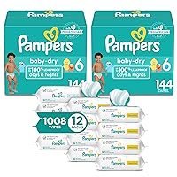 Pampers Baby Dry Disposable Baby Diapers Size 6, 2 Month Supply (2 x 144 Count) with Sensitive Water Based Baby Wipes 12X Multi Pack Pop-Top and Refill (1008 Count)