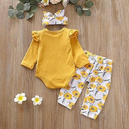 PigMaMa 3 Pcs Infant Baby Girl Clothes Letter Print Long Sleeve Romper Flower Pant Headband Toddler Outfits Set