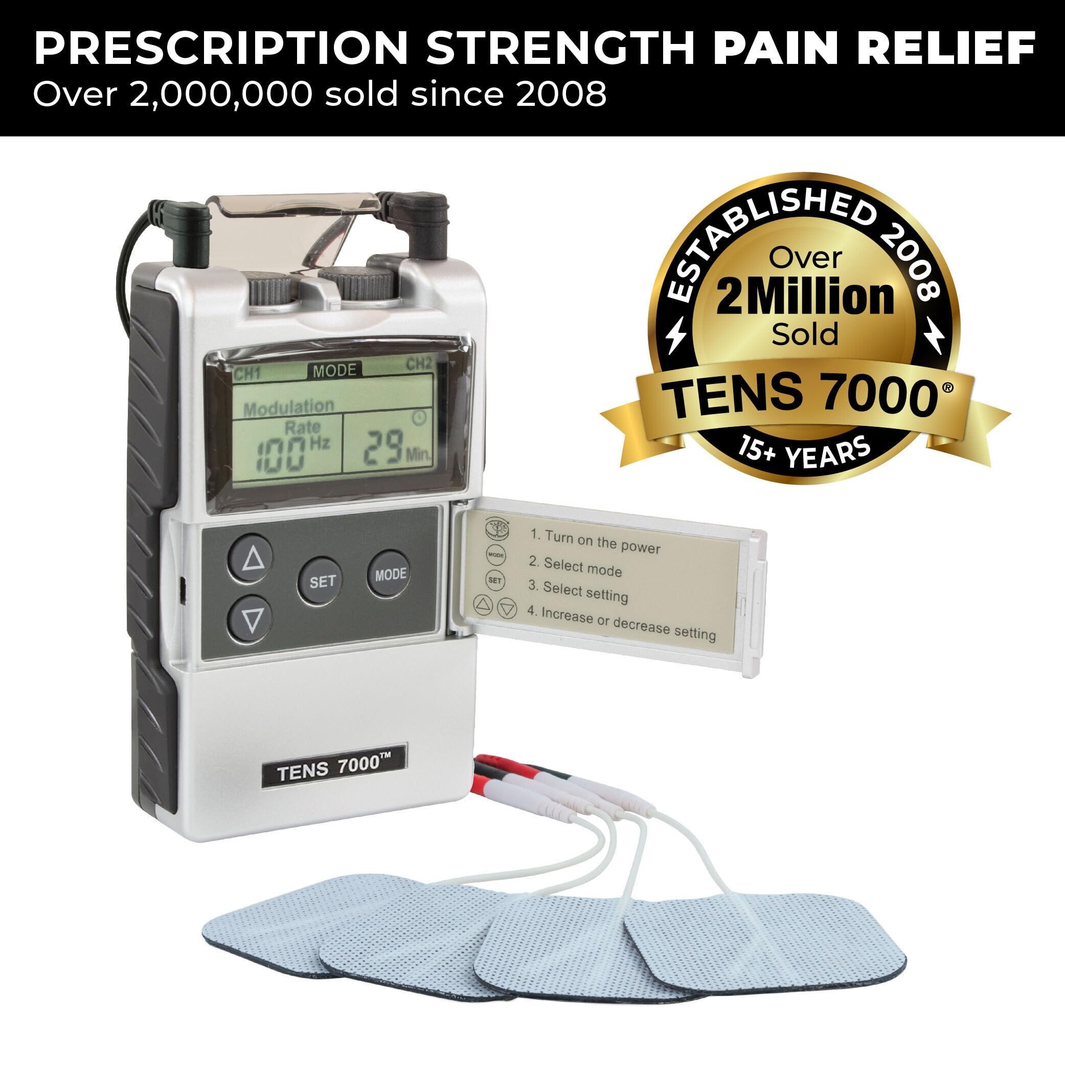 TENS 7000 Digital TENS Unit with Accessories and 48 Electrode Pads - TENS Unit Muscle Stimulator for Back Pain Relief, General Pain Relief, Neck Pain, Sciatica Pain Relief, Nerve Pain Relief