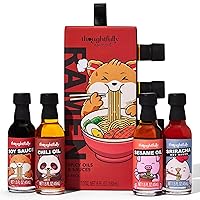 Thoughtfully Gourmet, Ramen Spicy Oils and Sauces, Includes Sesame Oil, Chili Oil, Soy Sauce, and Sriracha Flavored Seasonings, Set of 4