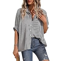 COZYEASE Women's Oversized Striped Print Button Down Half Sleeve Collar Blouse Work Office Top Shirts