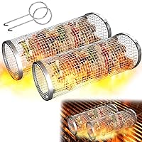 2 Pack Rolling Grill Basket BBQ Net Tube Stainless Steel BBQ Wire Mesh Cylinder Grilling Basket Portable Outdoor Camping Barbecue Rack for Fish, Shrimp, Meat, Vegetables, Fries, 11.8x3.5 Inch