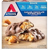 Atkins Caramel Chocolate Nut Roll Snack Bar, Protein Snack, High in Fiber, 2g Sugar, 30 Count