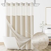 Linen No Hook Shower Curtain and Liner, Beige No Hooks Shower Curtain Set Top See Through Shower Curtain with Snap in Liner, Hotel Shower Curtains No Hook Water Resistant Fabric, 72x75