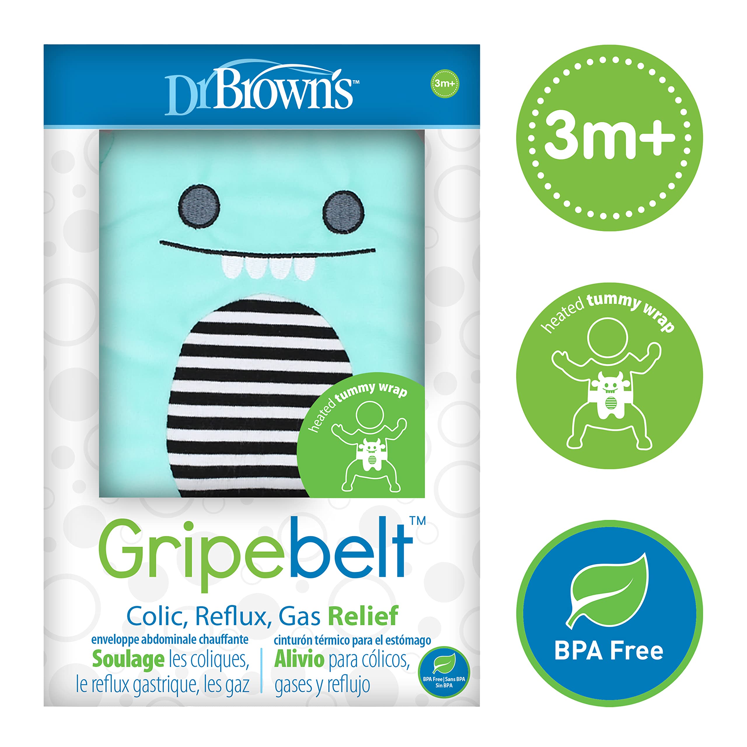 Dr. Brown’s Gripebelt for Colic Relief, Heated Tummy Wrap, Baby Swaddling Belt for Gas Relief, Natural Relief for Upset Stomach in Babies and Toddlers, Blue Monster, 3m+