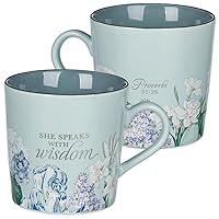 Christian Art Gifts Ceramic Scripture Coffee & Tea Mug 14 oz Inspirational Bible Verse Mug for Women: She Speaks with Wisdom -Proverbs 31:26 Lead-free Mug, Light Blue Floral w/Silver Accents