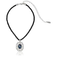 1928 Jewelry Black Rope Choker with Silver-Tone and Pendant Necklace