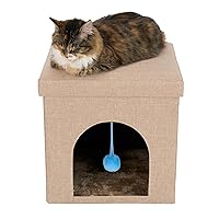Furhaven Pet House for Indoor Cats & Small Dogs, Collapsible & Foldable w/Plush Ball Toy - Living Room Footstool Cat Condo - Sand, Small