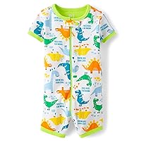 The Children's Place Baby Boy's and Toddler Snug Fit 100% Cotton Short Sleeve Zip-Front One Piece Footless Pajama, Blue Green Dino