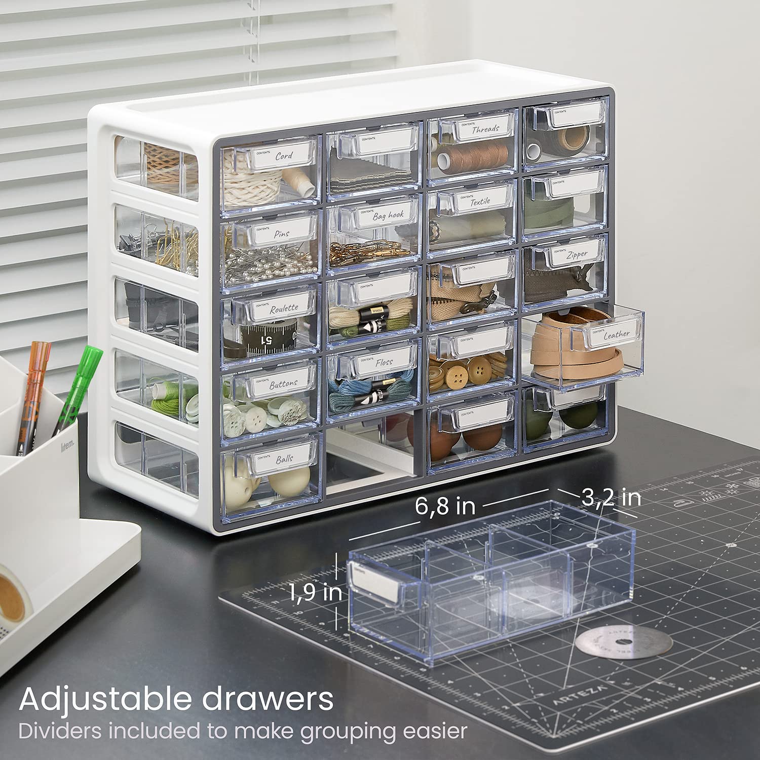 ARTEZA Organizer Box – Compact 20-Drawer Clear Storage Solution for Pens, Clips, Sewing & Craft Supplies – High-Impact Plastic, Home, Office & Classroom Organization – Gray