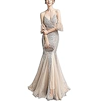 Azuki Women's Sequin Dress Tulle Party Dress V Neck Spaghetti Straps Glitter Maxi Bridesmaid Dress Bridal Wedding Dress