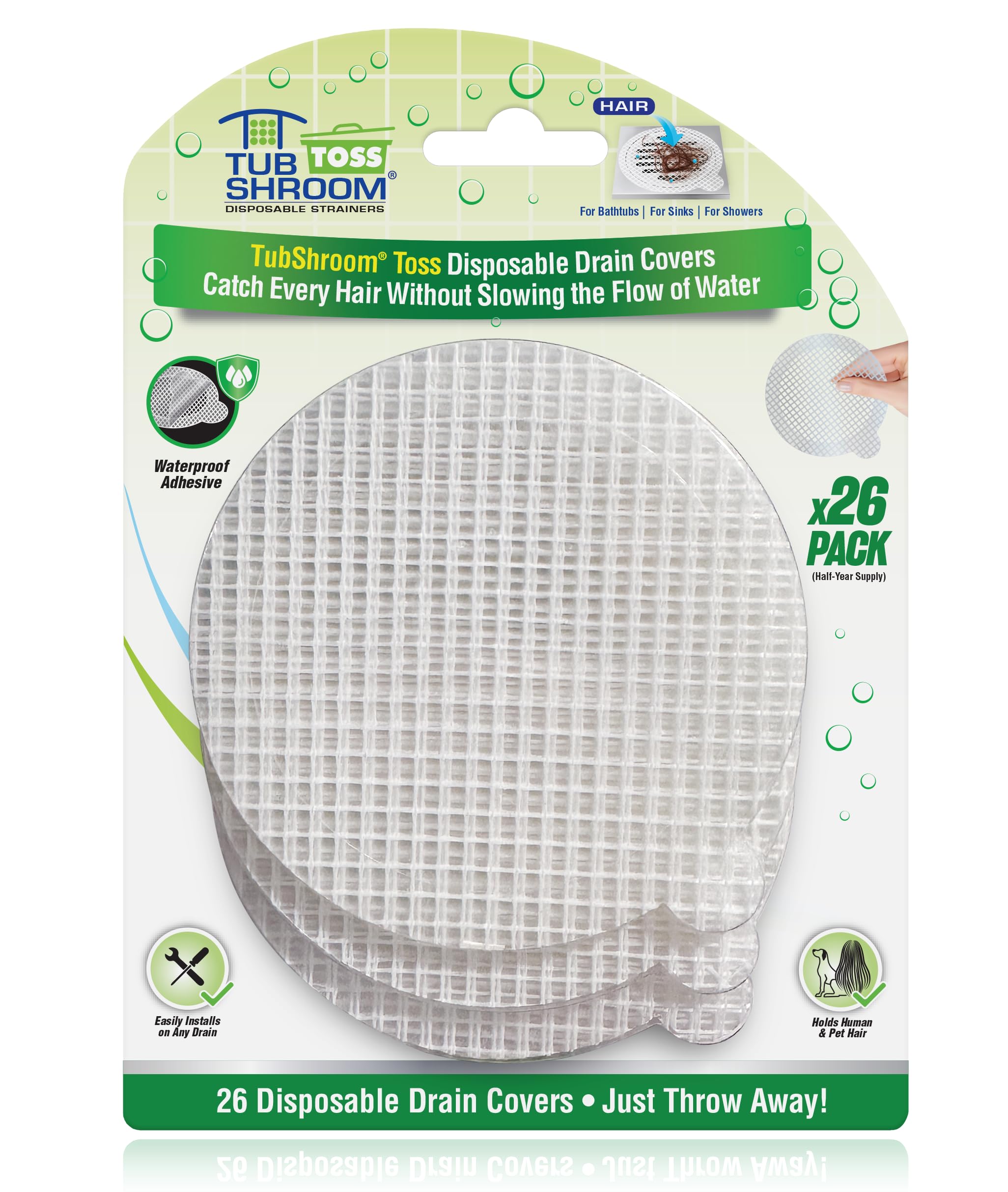 TubShroom Toss 26pk Disposable Drain Covers - Hair Catcher Mesh Sticker Strainers for Shower Bathtub and Bathroom Sink Drains to Prevent Clogged Drains, Half Year Supply