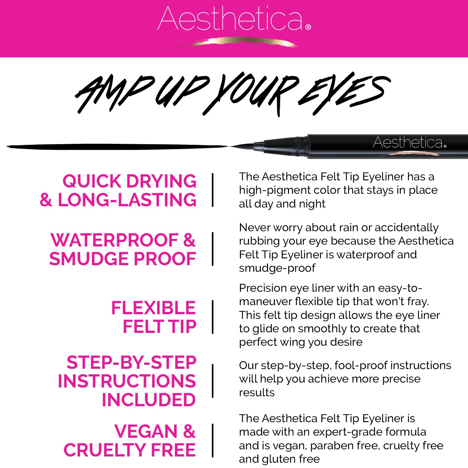 Aesthetica Felt Tip Liquid Eyeliner Pen - Fast-drying Waterproof & Smudge Proof Eye Liner (Jet Black)