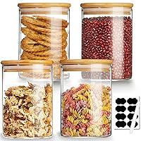 Mfacoy 4 Pack Glass Storage Jars with Airtight Bamboo Lid, 27 OZ Glass Canisters Set with Labels, Glass Food Storage Jar for Kitchen, Clear Container for Candy, Cookie, Coffee Beans, Snacks, Spices