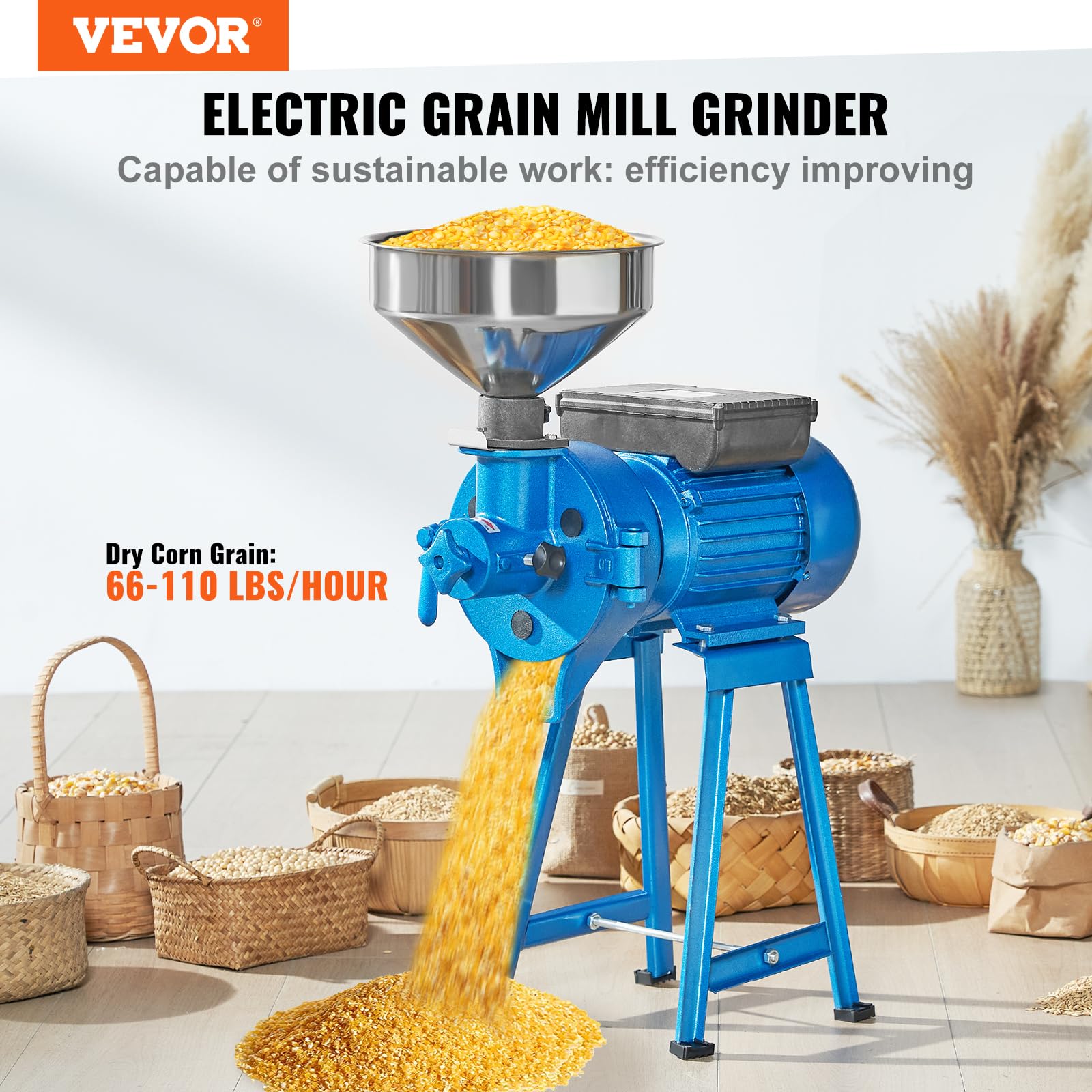 VEVOR Electric Grain Mill Grinder, 1500W 110V Dry & Wet Spice Grinder, Commercial Corn Mill with Funnel, Thickness Adjustable Powder Machine, Heavy Duty Feed Flour Cereal Mill Wheat Grinders