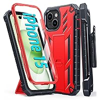 FNTCASE for iPhone 15 Phone Case: Military Grade Shockproof Full Protective Rugged Cell Phone Cover with Kickstand & Belt-Clip Holster, Heavy Duty Drop Proof Hard iPhone 15 Cases 5G - 6.1 Inch Red