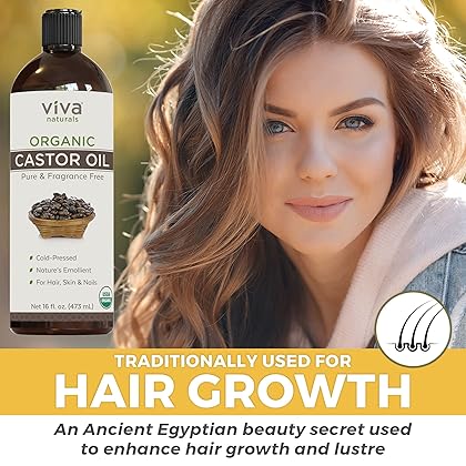 Organic Castor Oil for Eyelashes and Eyebrows - 16 fl oz, USDA Organic, Pure Hexane-Free Moisturizer Traditionally Used for Hair Growth, Natural Skin and Eyelash Serum, Cold Pressed with Beauty Kit