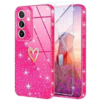 for Samsung Galaxy S24 Case,Galaxy S24 with [1 x Tempered Glass Screen Protector] [Clear Glitter] Cute Bling Sparkly Shockproof Protective Slim Soft Silicone Cover for Women Girls (Hot Pink)