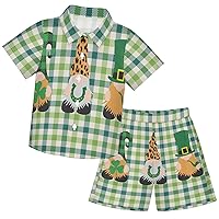 visesunny Toddler Boys 2 Piece Outfit Button Down Shirt and Short Sets Clover Gnome Green Grid Boy Summer Outfits
