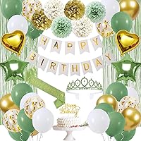 Sage Green Birthday Decorations for Women Girls Gold and Green Party Decor Set with Happy Birthday Banner and Balloons, Sash and Crown, Curtains, Balloon Decorations Kit