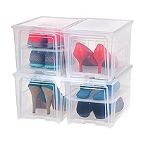 IRIS USA, Inc. Tall Stackable Shoe Storage Box with Flip Up Door and Air Vents, 4-Pack, Sturdy Shoe Organizer Container with Removable Dividers for Closet Under Bed and Entryway Storage, Clear