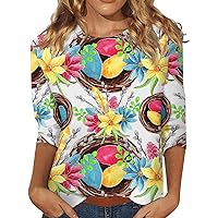 Easter Bunny Egg Print Tunic 3/4 Sleeve Tshirt Ladies Tops Round Neck Shirt Casual Blouse Fashion Summer 2024 Tee
