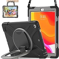 iPad 10.2 Case 9th Generation 2021 / 8th Gen 2020 / 7th Gen 2019,Heavy Sturdy Shockproof Kids Case with Screen Protector,Rotating Stand/Pencil Holder/Carrying Strap for iPad 10.2 Inch - Black+Grey