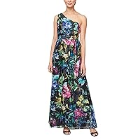 S.L. Fashions Women's Printed One Shoulder Long Maxi Dress with Tie Waist (Petite and Regular Sizes)