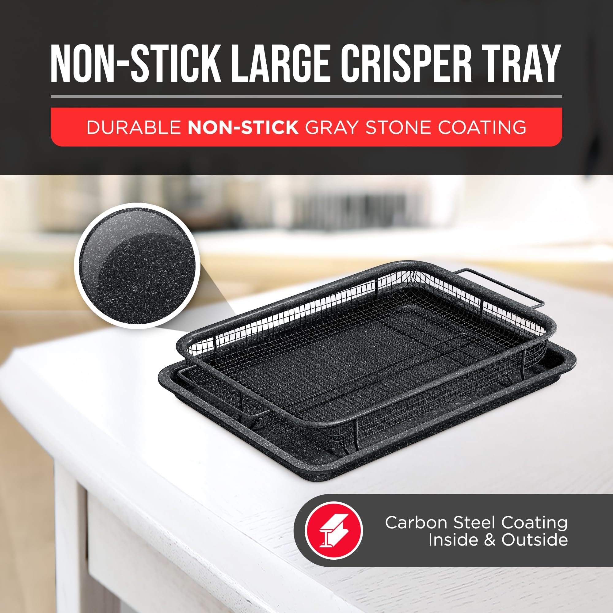 Bakken Swiss Crisper Tray - 2-Piece Set – Gray Marble, Non-Stick Basket Design for Healthier Cooking in Regular Ovens - Achieve Perfectly Crispy Chips, Bacon and More