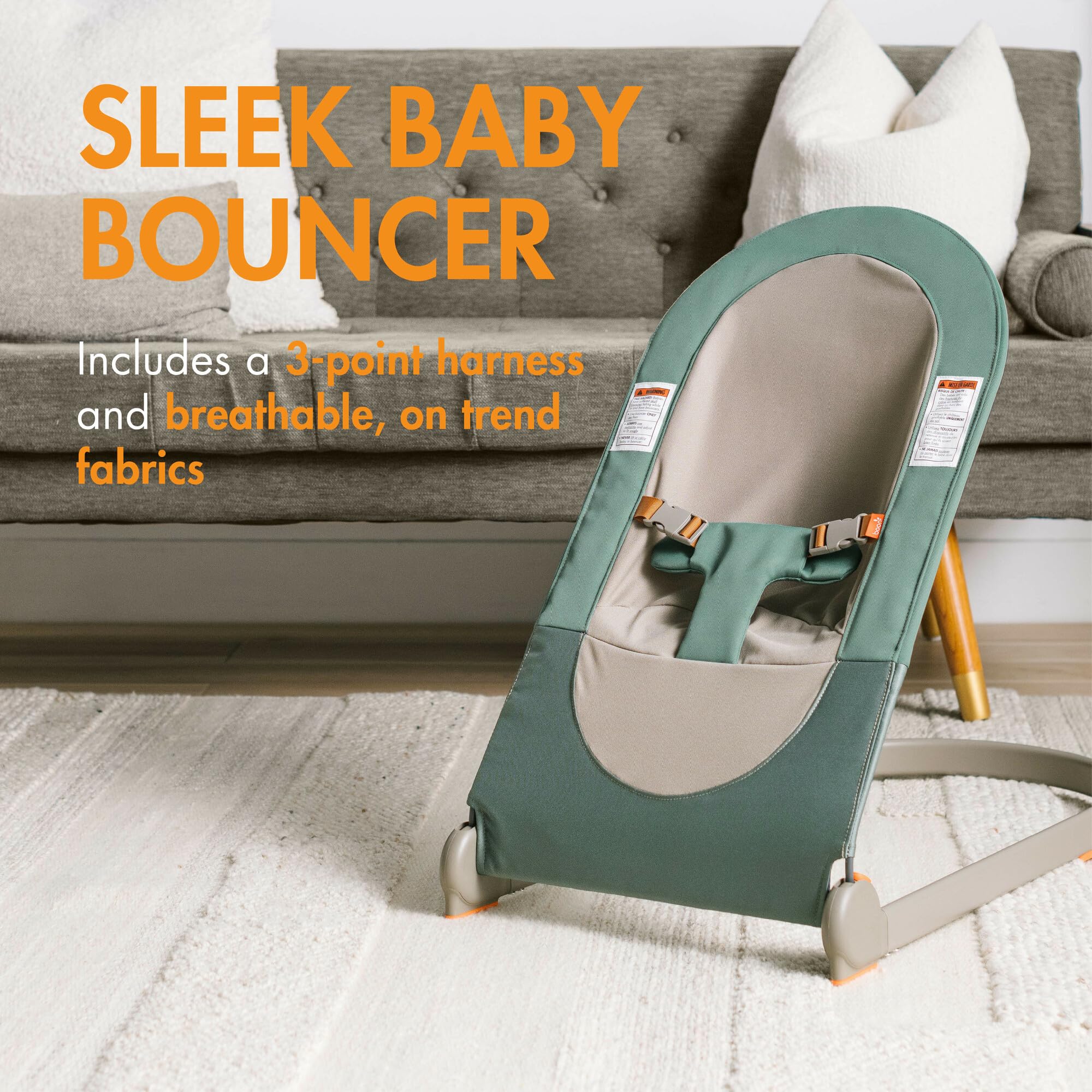 Boon Slant Portable Baby Bouncer - Folding Baby Seat for Infants - Lightweight Portable Baby Chair with Machine Washable Fabric and 3-Point Harness - Dark Green